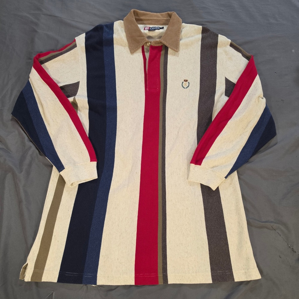 Chaps Ralph Lauren Rugby Shirt Vertical Stripe Corduroy Collar Men L Vintage 90s